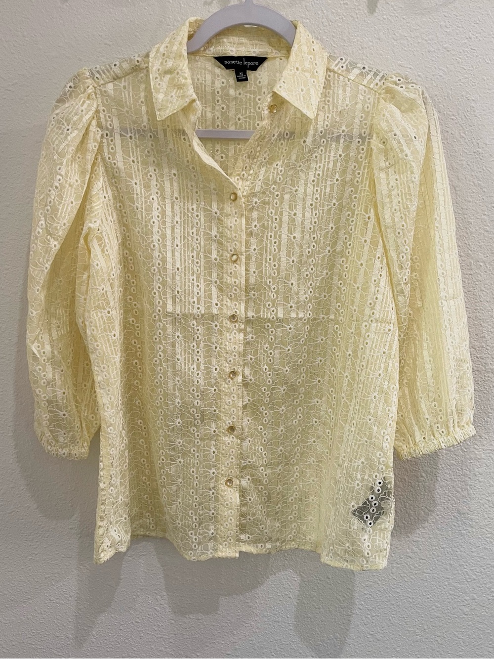 Nanette Lepore Yellow Eyelet Embroidered Top Cottage Feminine Button
